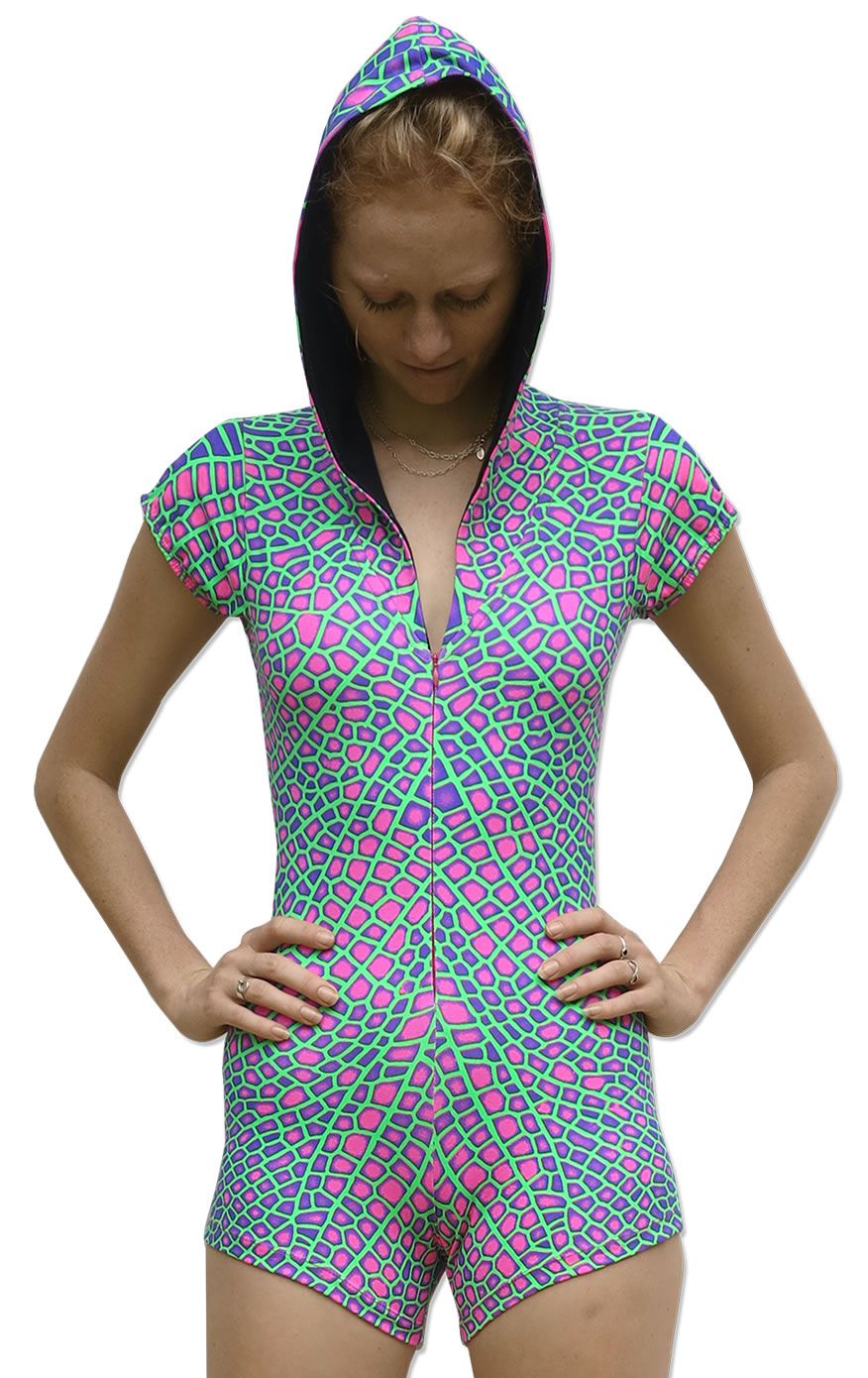 Hooded Playsuit : Acid Dragonfly - Women Catsuits - Space Tribe