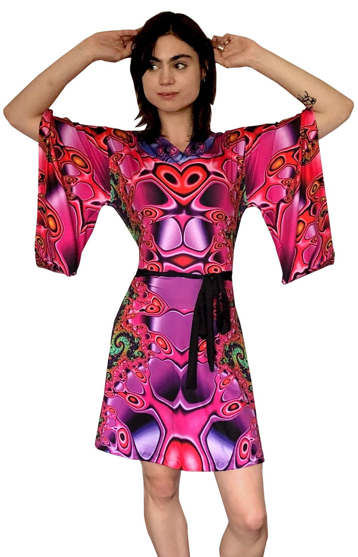 Hooded Kimono Dress : Chromatic Fractal - Women Dresses - Space Tribe