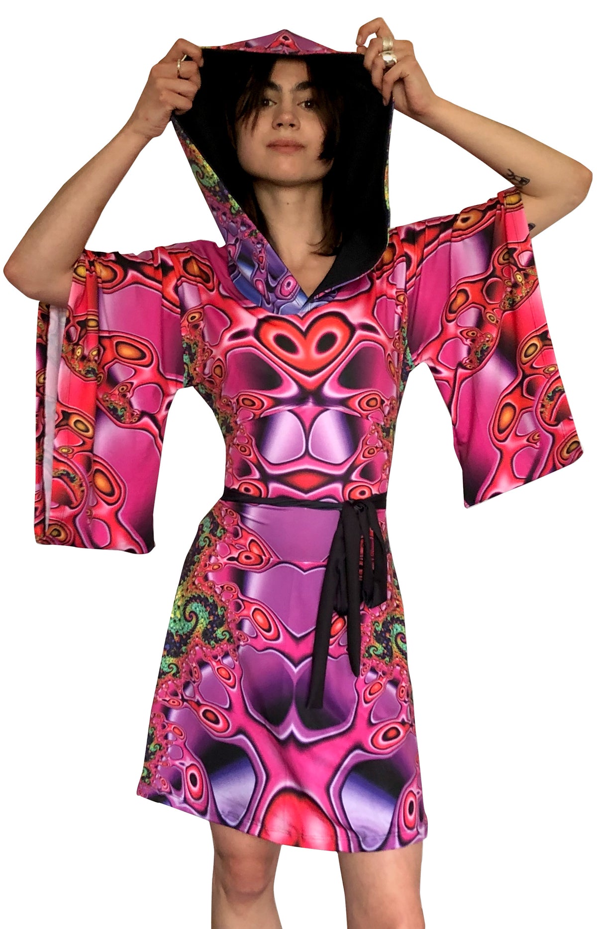 Hooded Kimono Dress : Chromatic Fractal - Women Dresses - Space Tribe