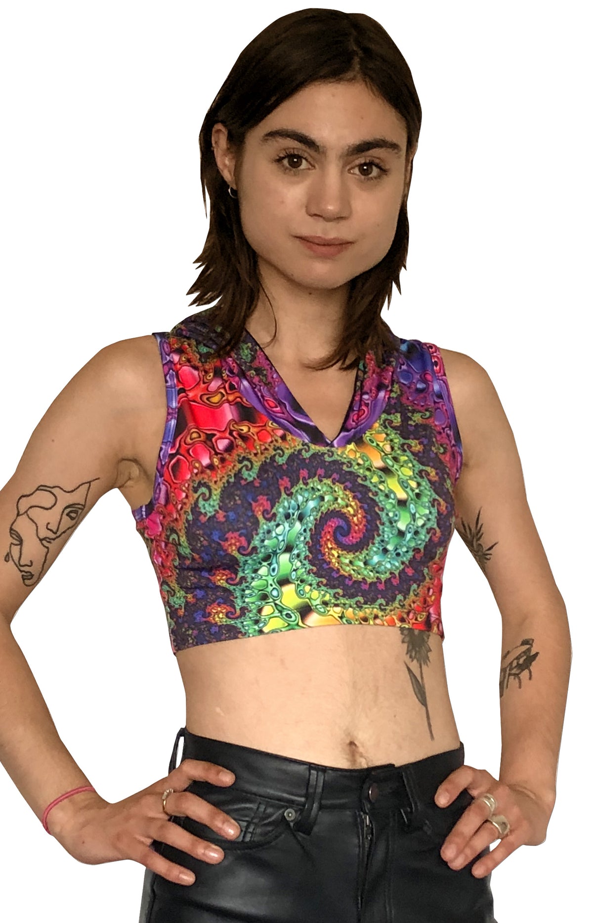 Hooded Crop Top : Whirlpool Fractal - Women Tops - Space Tribe