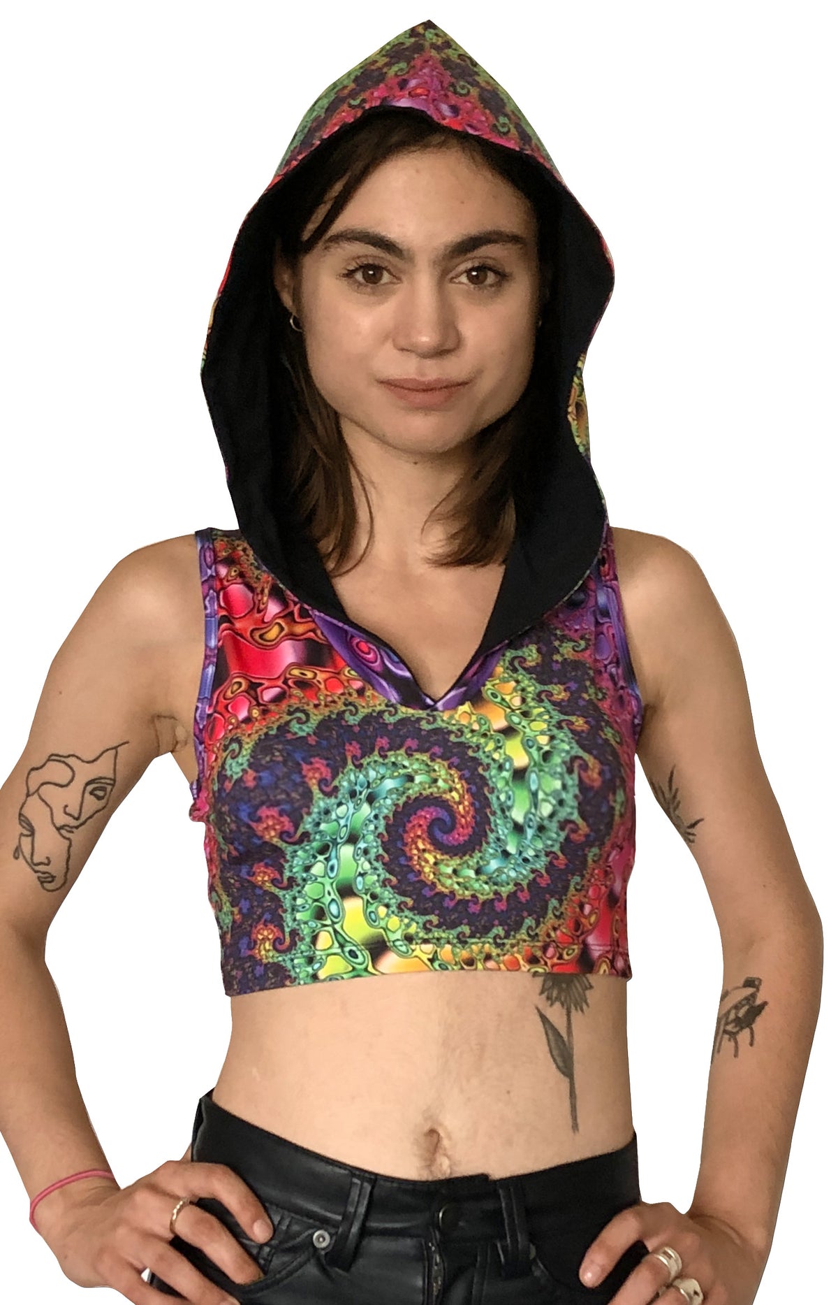 Hooded Crop Top : Whirlpool Fractal - Women Tops - Space Tribe
