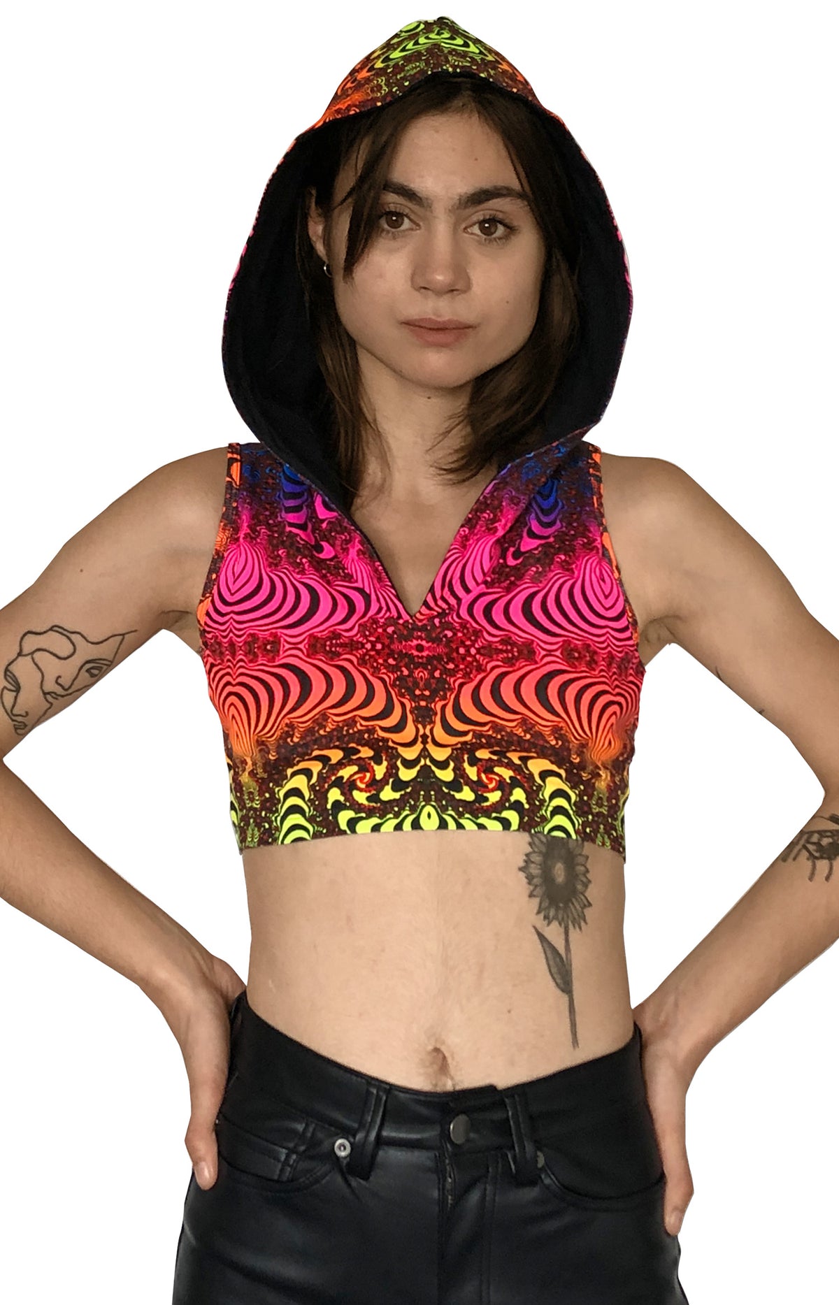 Hooded Crop Top : Rainbow Fractal - Women Tops - Space Tribe