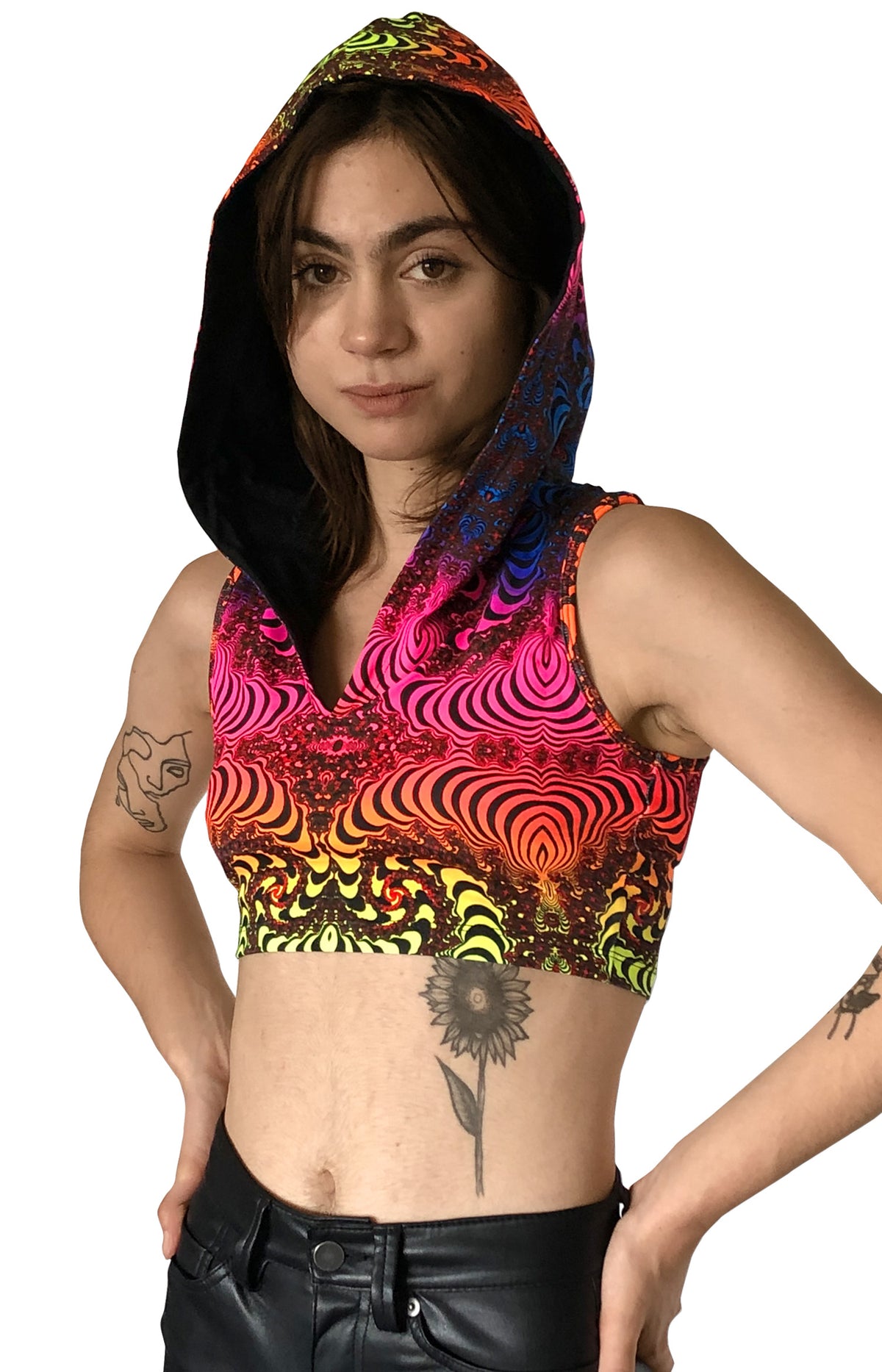 Hooded Crop Top : Rainbow Fractal - Women Tops - Space Tribe