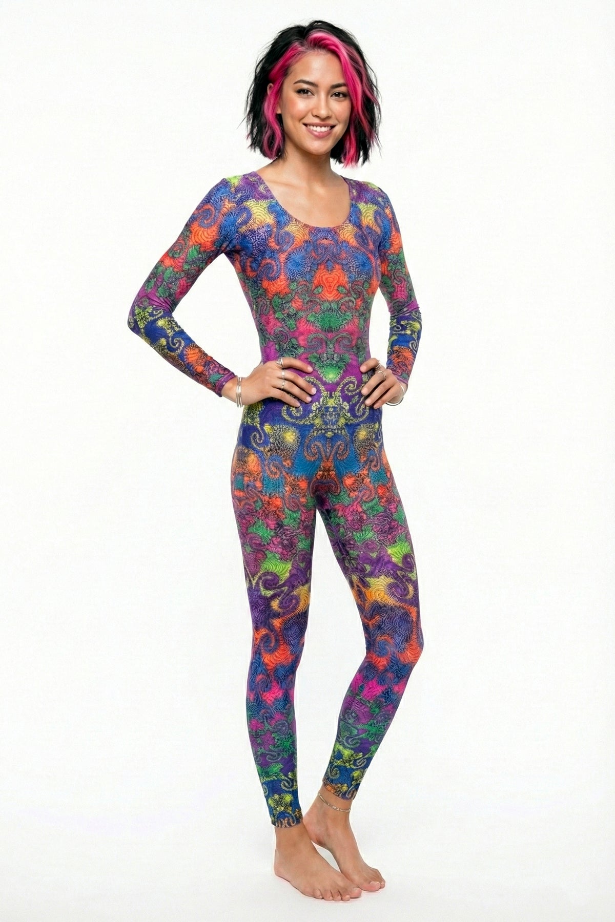 Long Sleeve Catsuit : Rainbow Jellyfish Fractal - Space Tribe