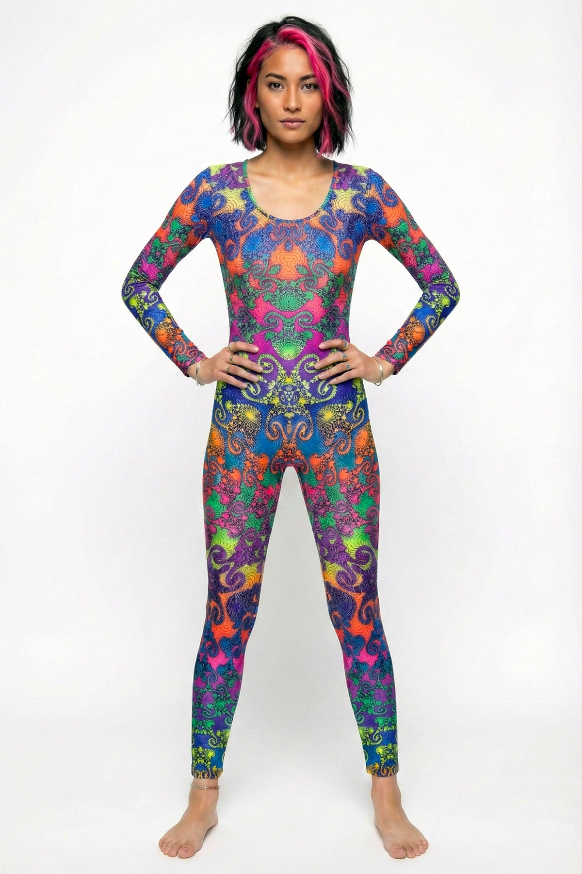 Long Sleeve Catsuit : Rainbow Jellyfish Fractal - Space Tribe