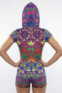Hooded Playsuit : Rainbow Jellyfish Fractal - Space Tribe