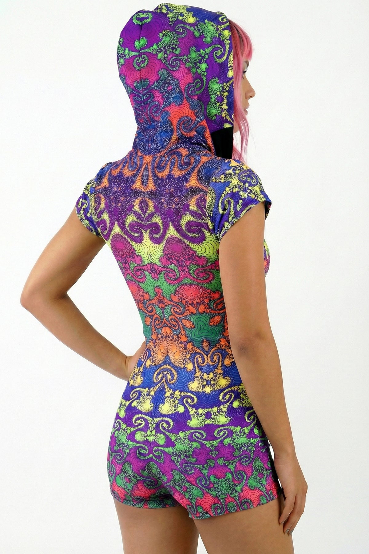 Hooded Playsuit : Rainbow Jellyfish Fractal - Space Tribe