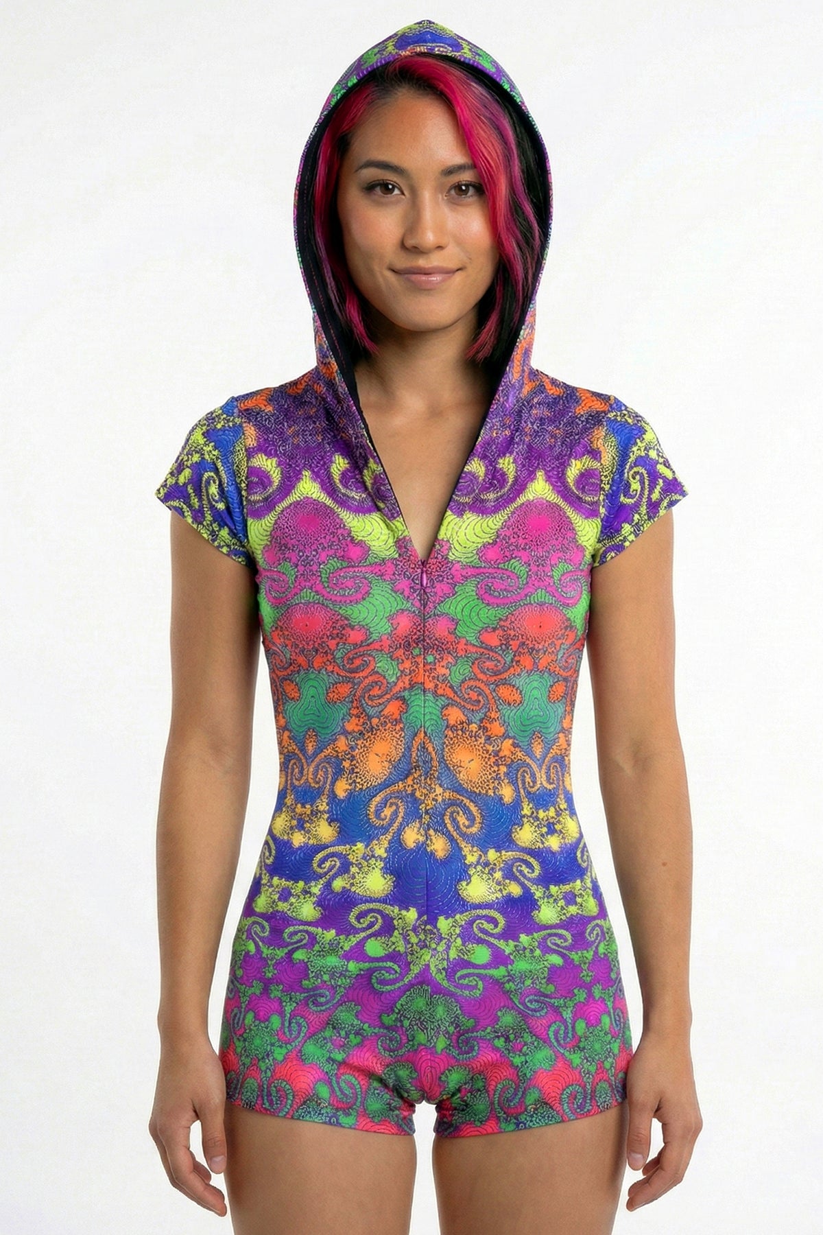 Hooded Playsuit : Rainbow Jellyfish Fractal - Space Tribe