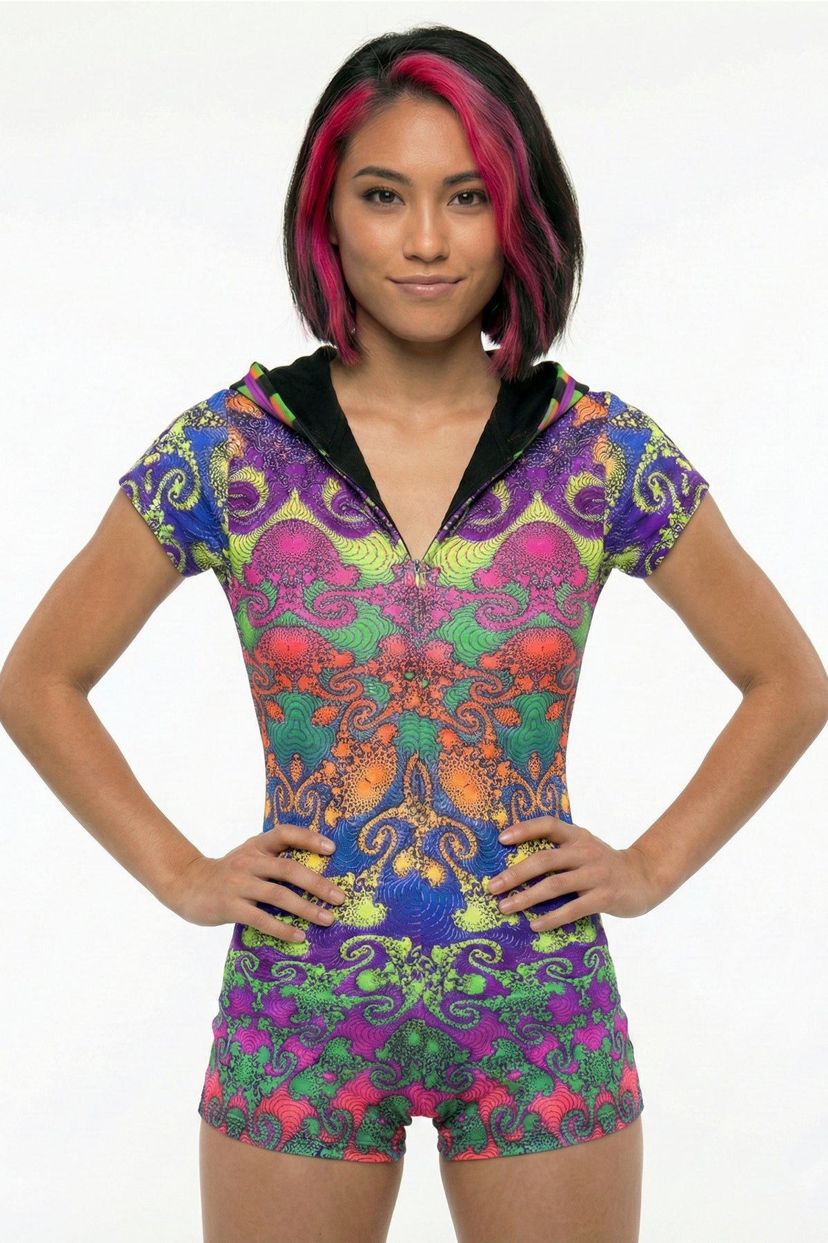 Hooded Playsuit : Rainbow Jellyfish Fractal - Space Tribe