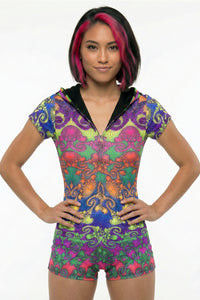 Hooded Playsuit : Rainbow Jellyfish Fractal - Space Tribe