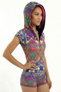Hooded Playsuit : Rainbow Jellyfish Fractal - Space Tribe