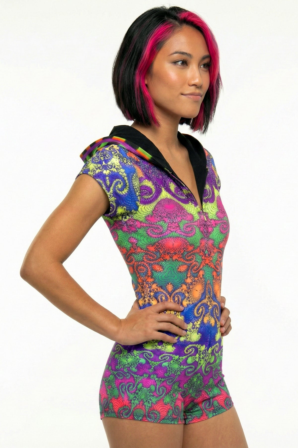 Hooded Playsuit : Rainbow Jellyfish Fractal - Space Tribe