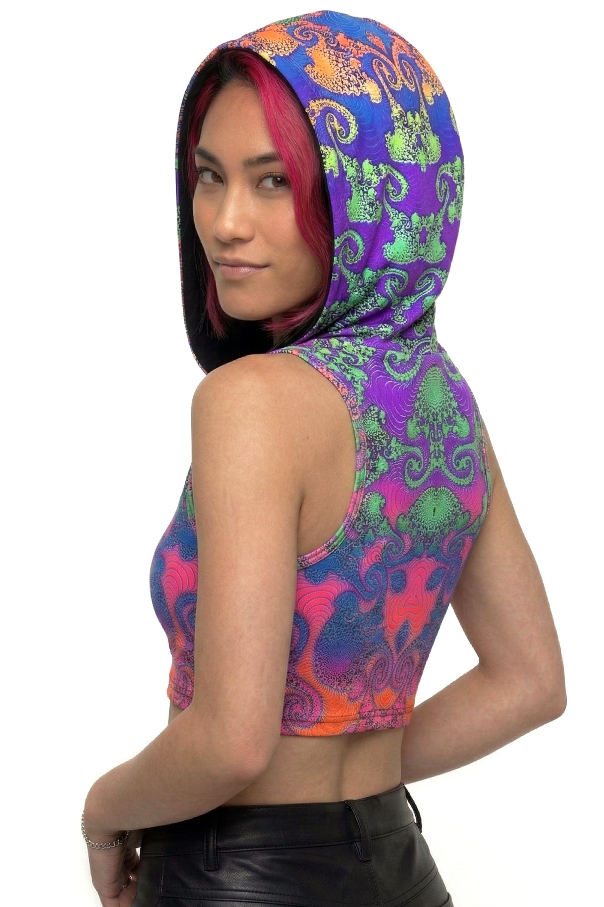 Hooded Crop Top : Rainbow Jellyfish Fractal