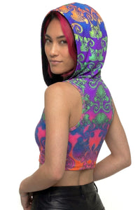 Hooded Crop Top : Rainbow Jellyfish Fractal