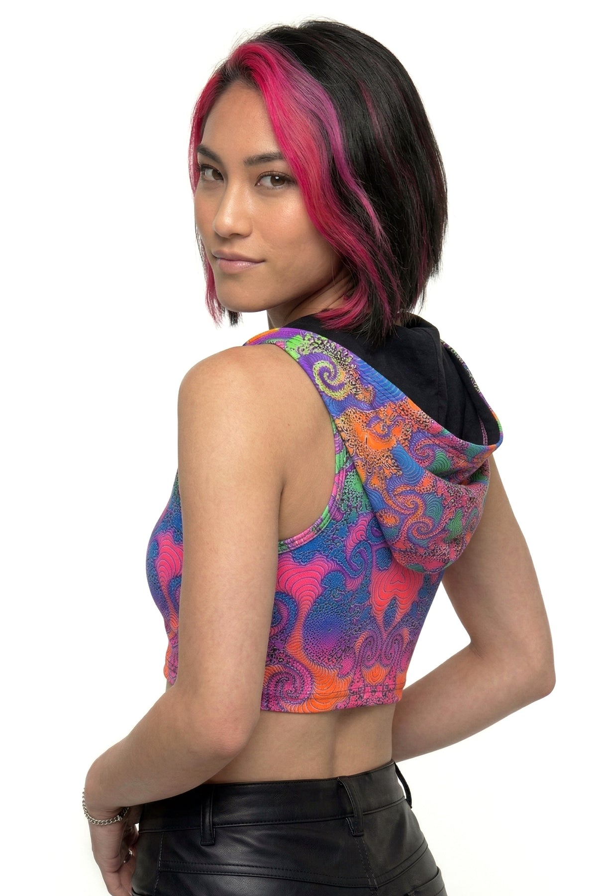 Hooded Crop Top : Rainbow Jellyfish Fractal