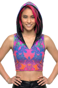 Hooded Crop Top : Rainbow Jellyfish Fractal