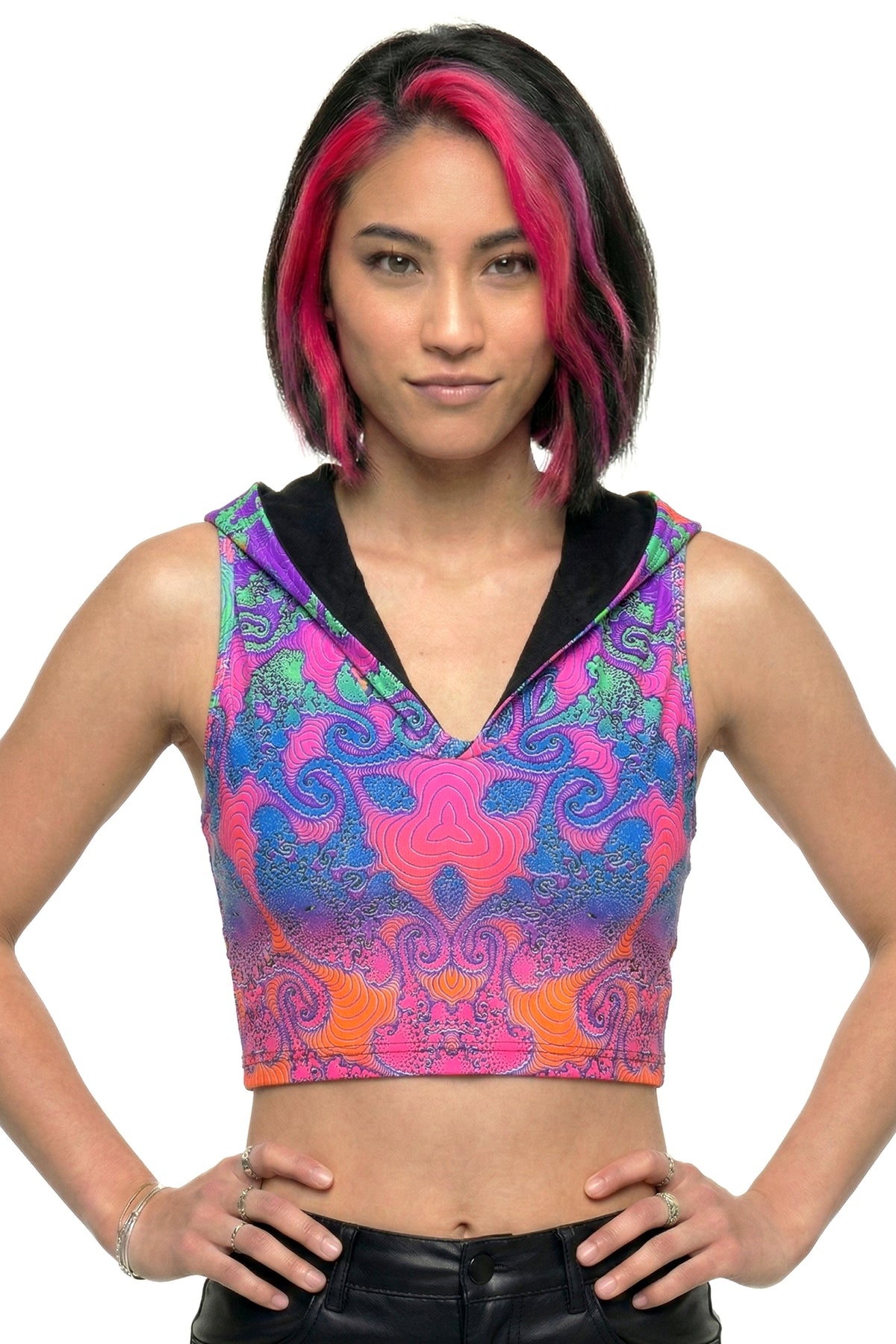 Hooded Crop Top : Rainbow Jellyfish Fractal