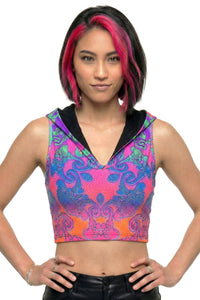 Hooded Crop Top : Rainbow Jellyfish Fractal