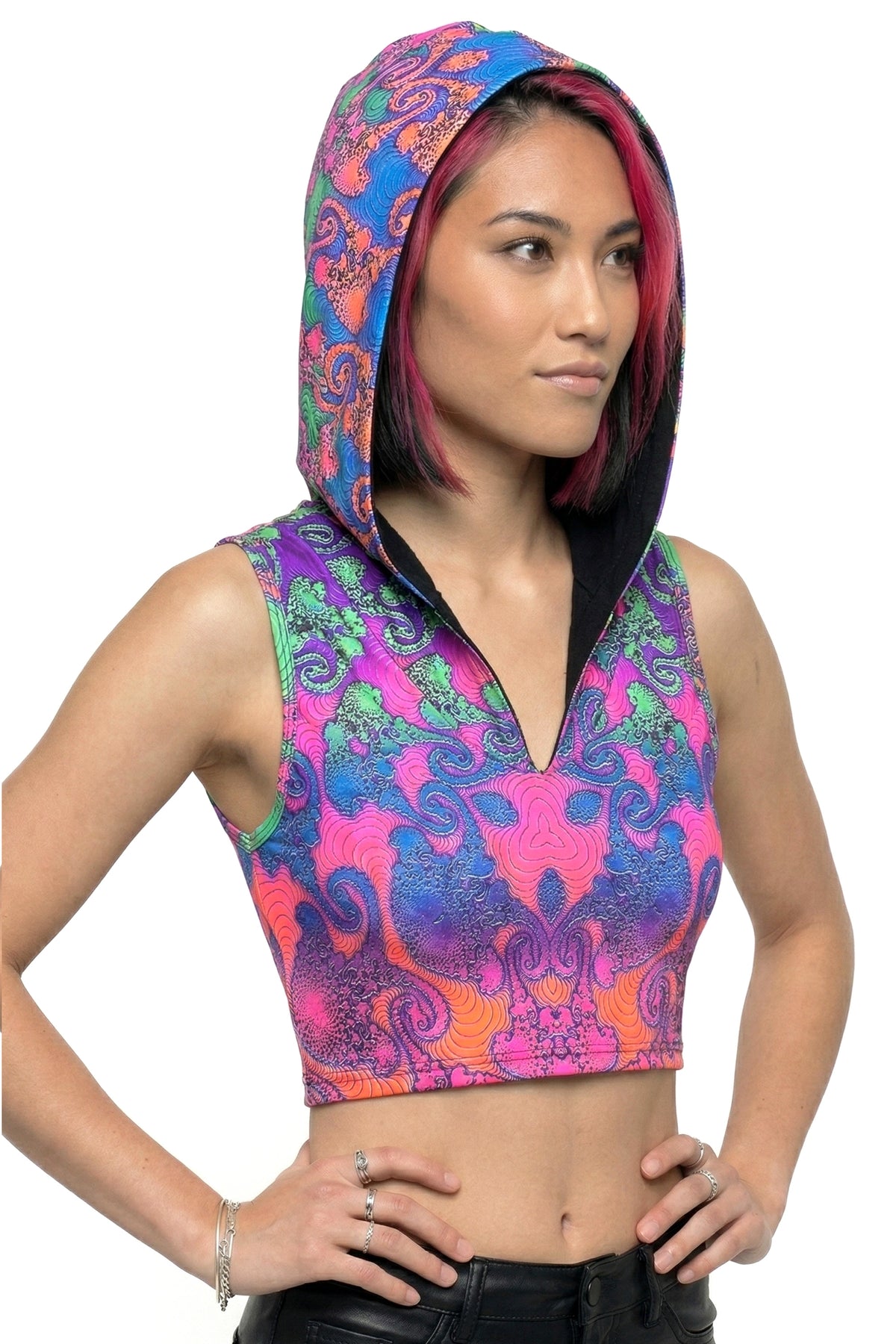 Hooded Crop Top : Rainbow Jellyfish Fractal