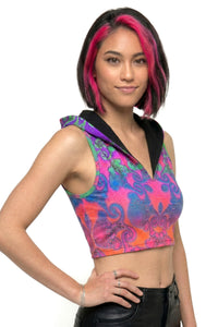 Hooded Crop Top : Rainbow Jellyfish Fractal