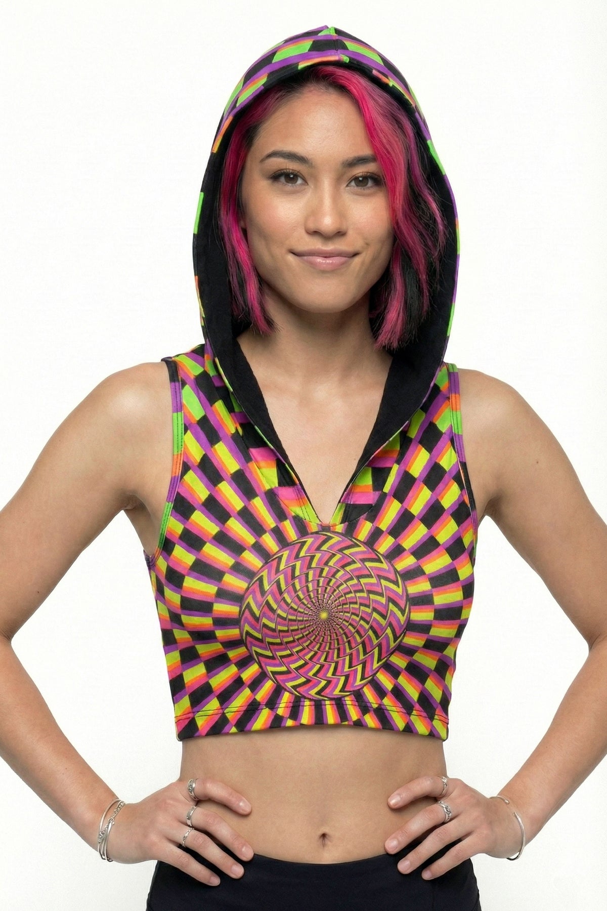Hooded Crop Top : Rainbow Vertigo - Space Tribe