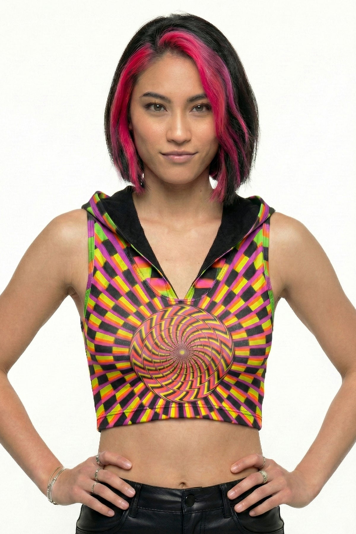 Hooded Crop Top : Rainbow Vertigo - Space Tribe