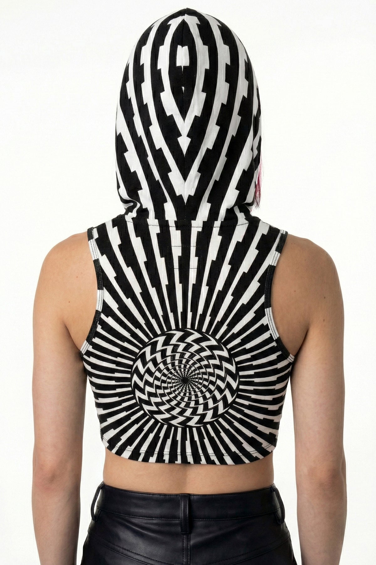 Hooded Crop Top : Black & White Vertigo - Space Tribe