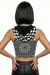 Hooded Crop Top : Black & White Vertigo - Space Tribe