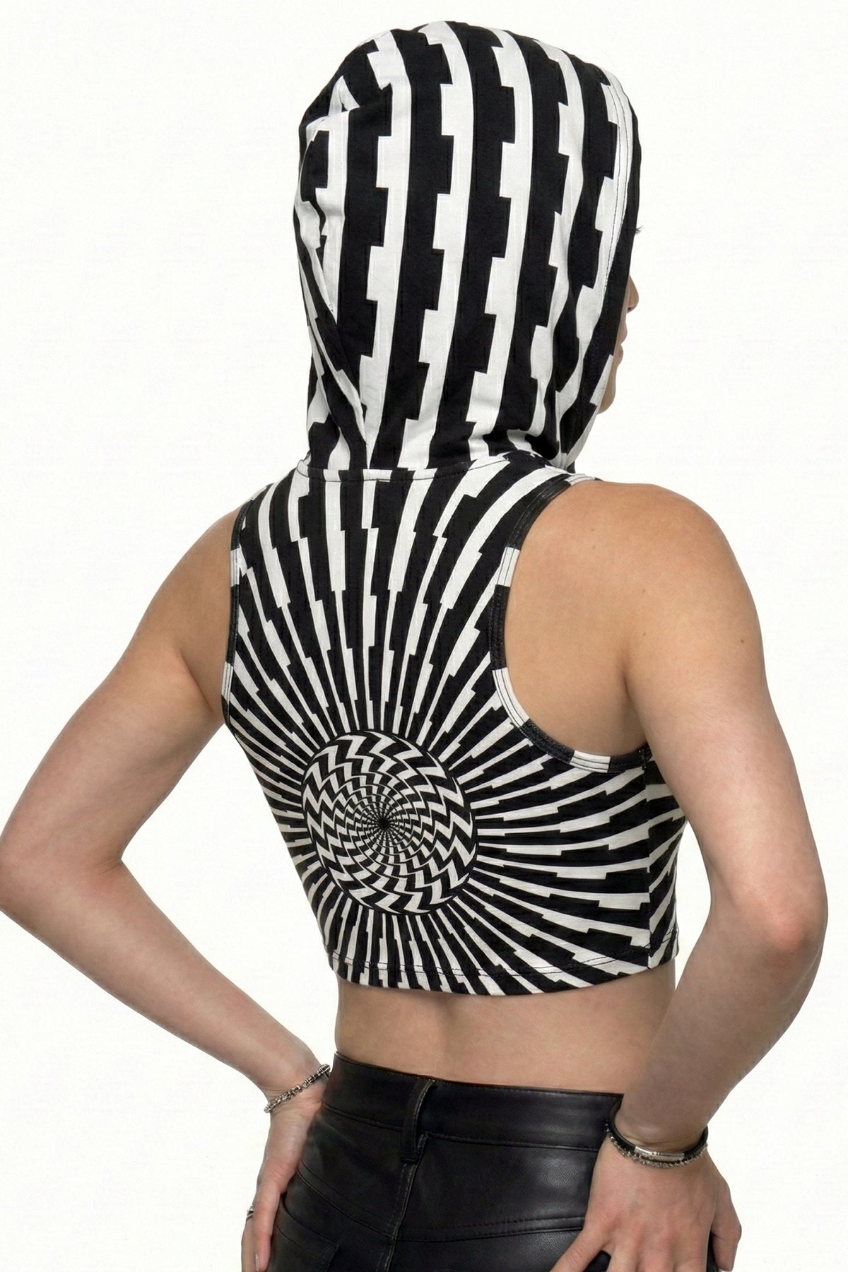 Hooded Crop Top : Black & White Vertigo - Space Tribe