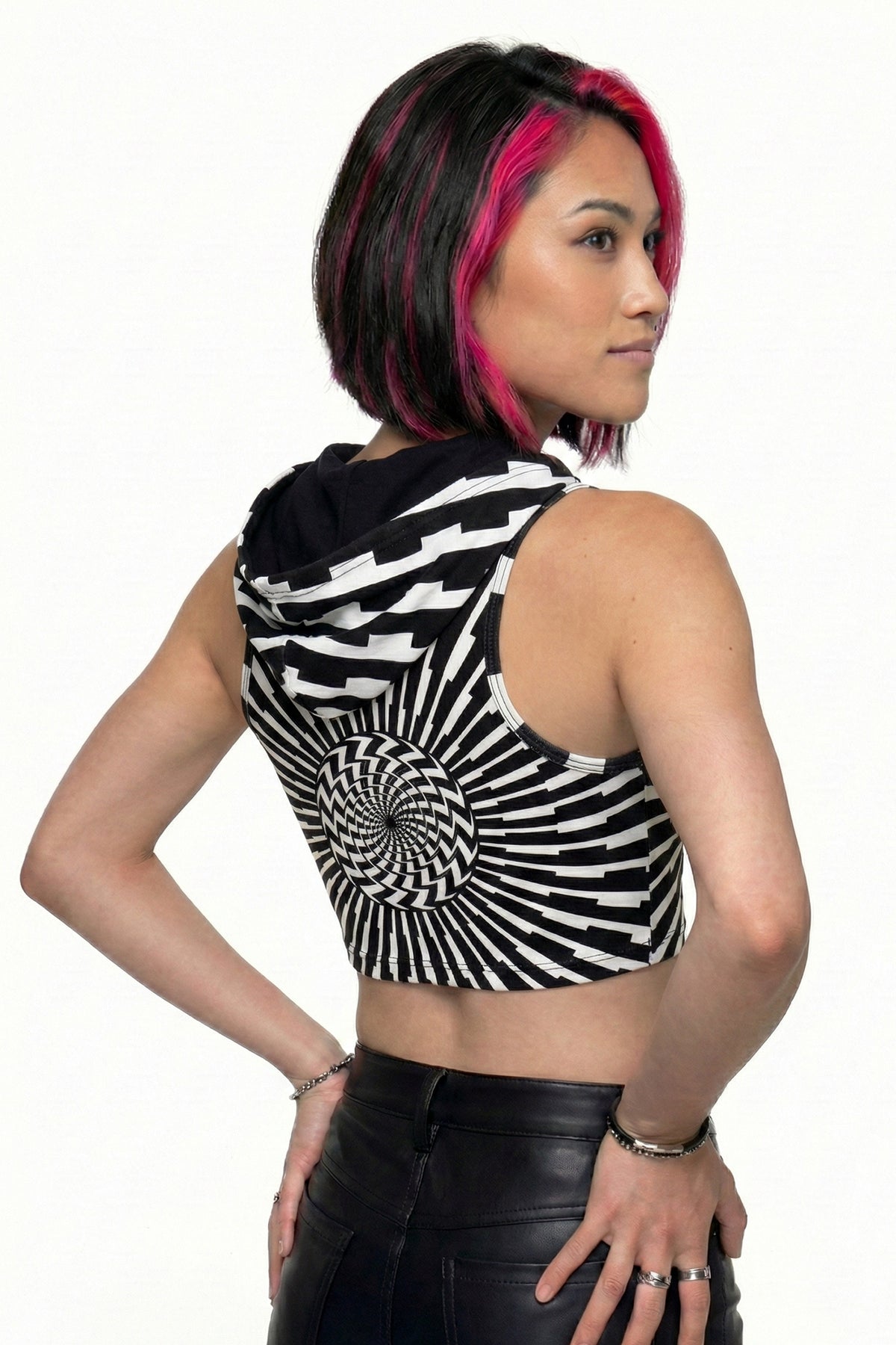 Hooded Crop Top : Black & White Vertigo - Space Tribe