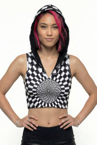 Hooded Crop Top : Black & White Vertigo - Space Tribe
