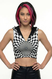 Hooded Crop Top : Black & White Vertigo - Space Tribe