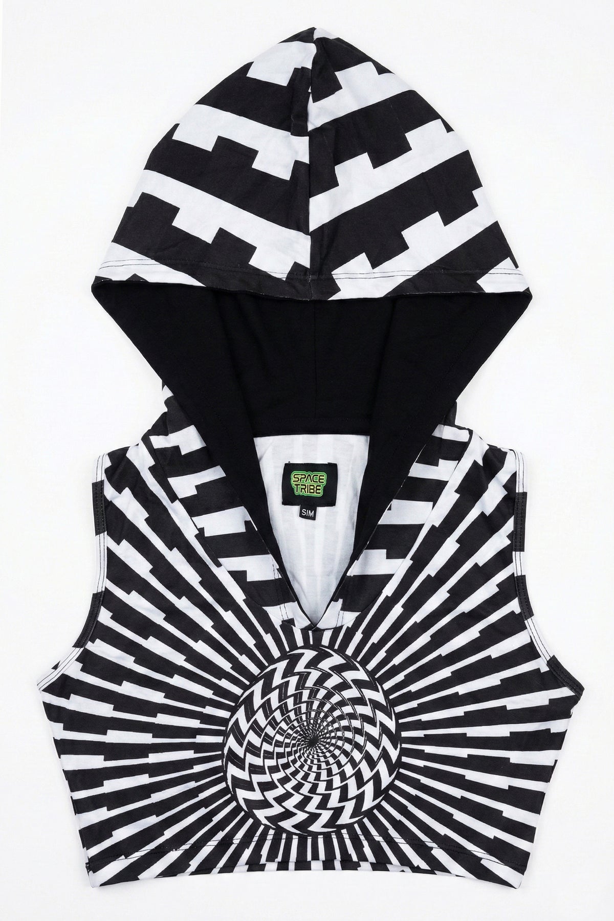 Hooded Crop Top : Black & White Vertigo - Space Tribe