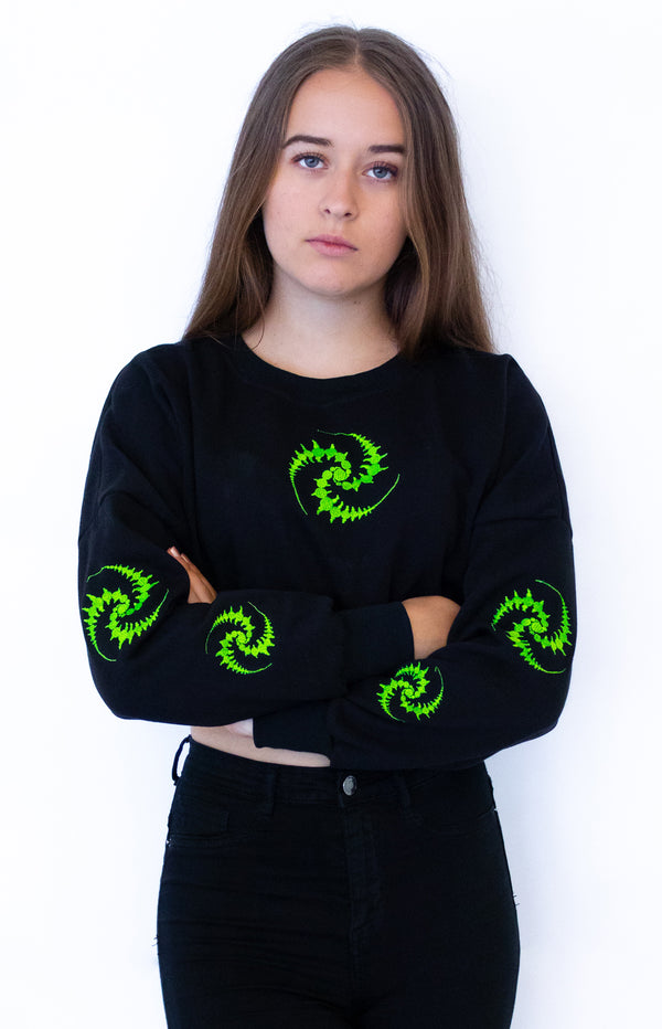 Cropped Sweat : UV Lime Triskelion - Women Tops - Space Tribe